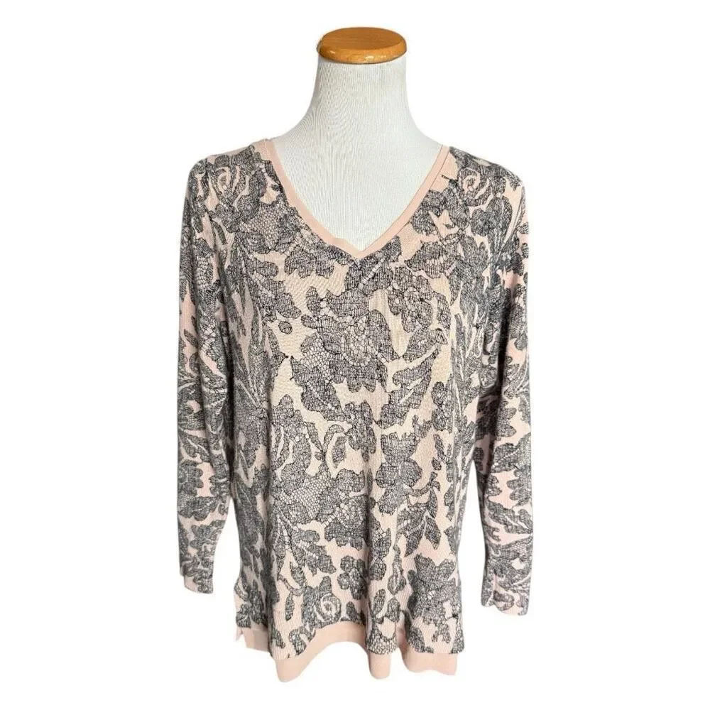 Womens Lane Bryant Blush V Neck Lacey Floral Print Chiffon Hem Sweater  Sz 14/16